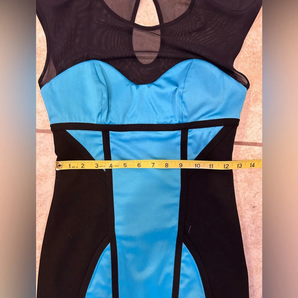 Bebe Melany Mesh Satin Stretch Turquoise Blue and Black Bodycon Pencil Dress XS - Picture 4 of 16